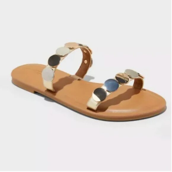 Universal Thread Vivienne Two Band Flat Sandals Gold/Silver Size 6.5 - Picture 1 of 9